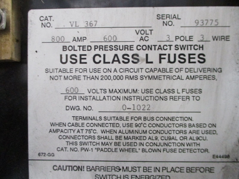 BOLTSWITCH VL367 600VAC 800A NSMP
