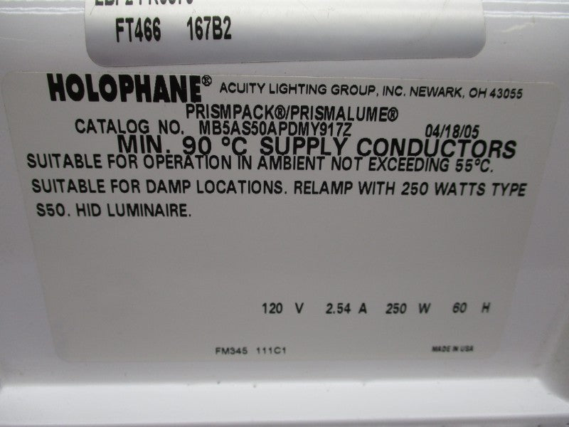 HOLOPHANE MB5AS50APDMY917Z 120V 2.54A NSNP