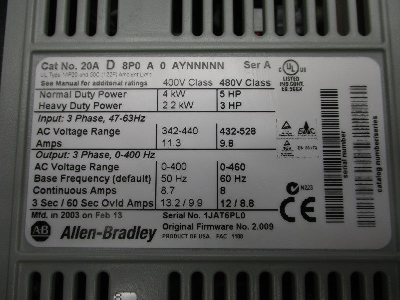 ALLEN BRADLEY 20AD8P0A0AYNNNNN SER. A 432-528V 11.3A REMAN