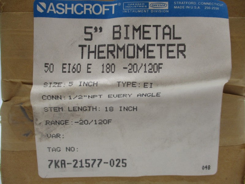 ASHCROFT 50EI60E180 -20/120F 5" STEM18 NSFS