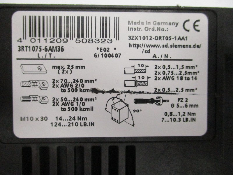 SIEMENS 3RT1075-6AM36 200-220V UNMP
