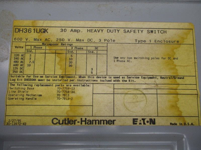 CUTLER HAMMER DH361UGK 600VAC UNMP