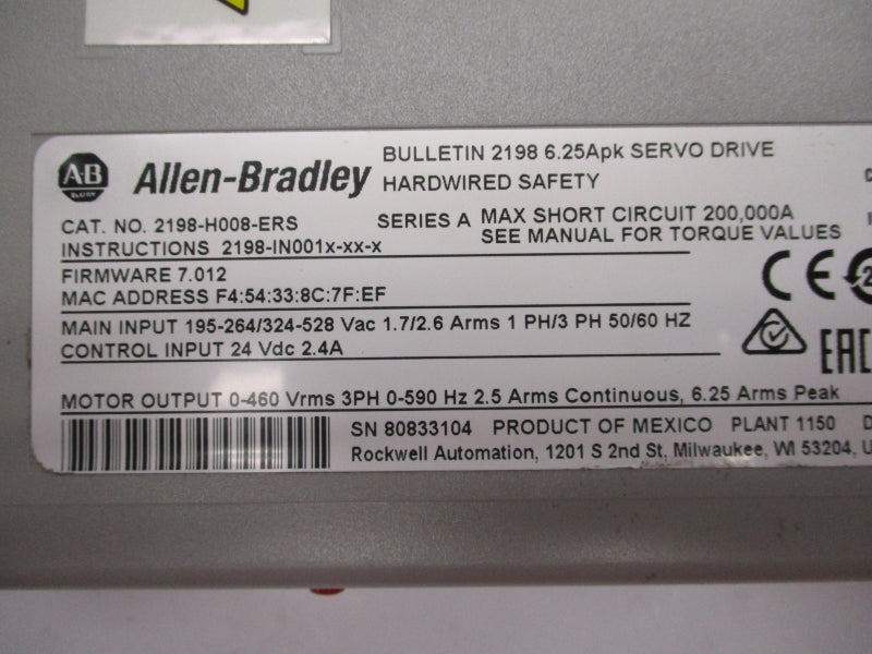 ALLEN BRADLEY 2198-H008-ERS SER. A F/W 7.012 324-528V 2.4A NSNP