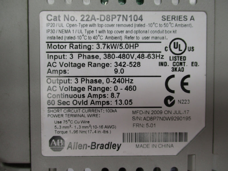 ALLEN BRADLEY 22A-D8P7N104 SER. A F/W 5.01 342-528V 9A UNMP