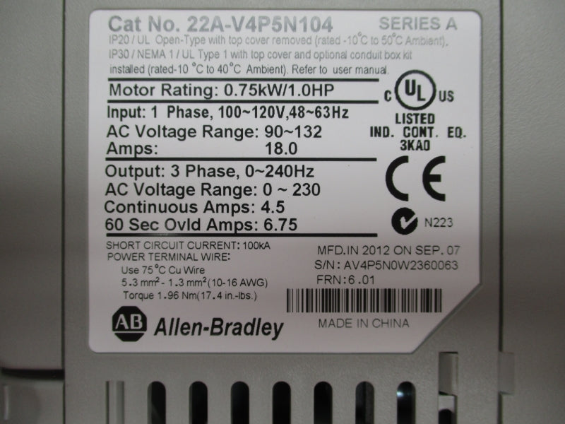 ALLEN BRADLEY 22A-V4P5N104 SER. A F/W 6.01 90-132VAC 18A NSMP