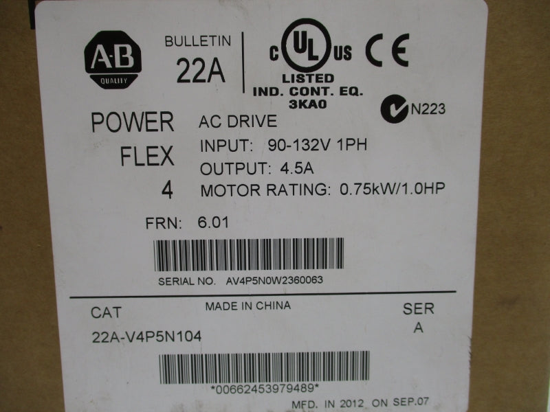 ALLEN BRADLEY 22A-V4P5N104 SER. A F/W 6.01 90-132VAC 18A NSMP