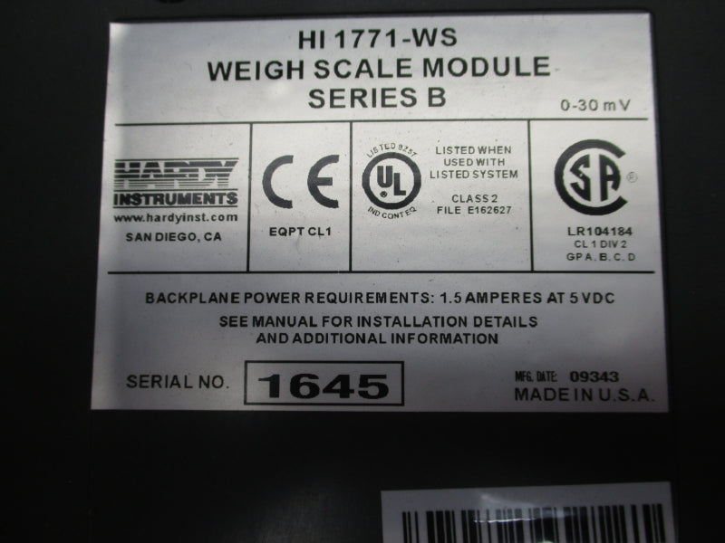 HARDY INSTRUMENTS HI1771-WS SER. B REV. G 5VDC 1.5A UNMP