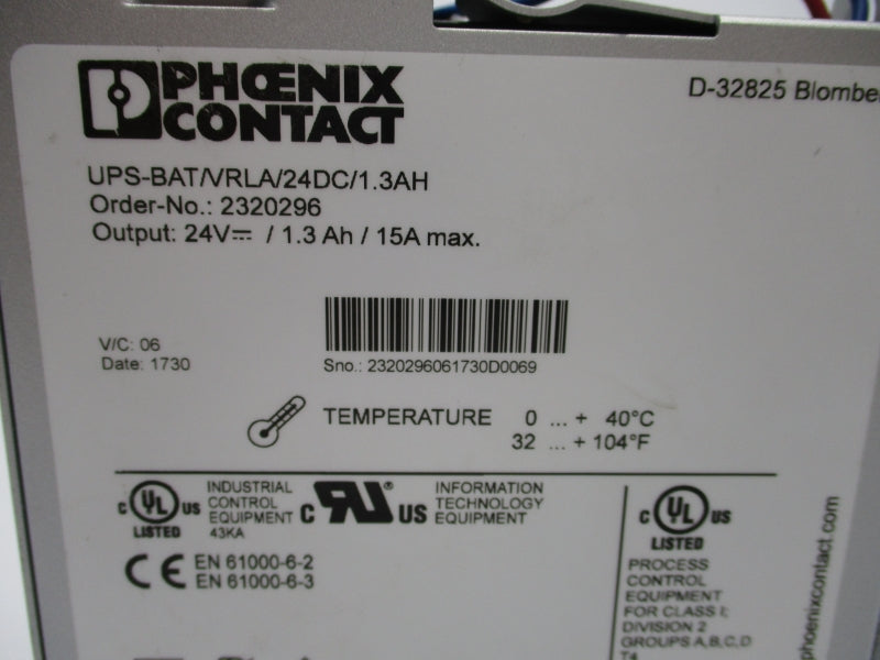PHOENIX CONTACT UPS-BAT/VRLA/24DC/1.3AH 2320296 24V 15A UNMP