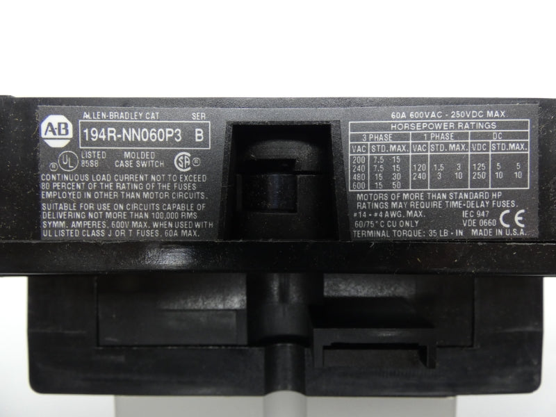 ALLEN BRADLEY 194R-NN060P3 SER. B 600V 60A (BR/WH) NSMP