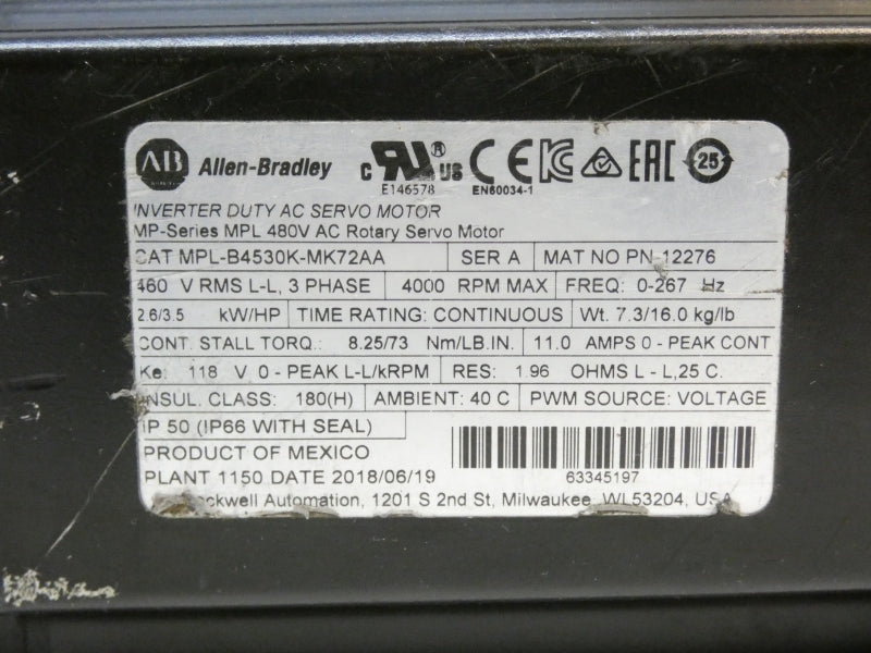 ALLEN BRADLEY MPL-B4530K-MK72AA SER. A 460V 11A NSNP