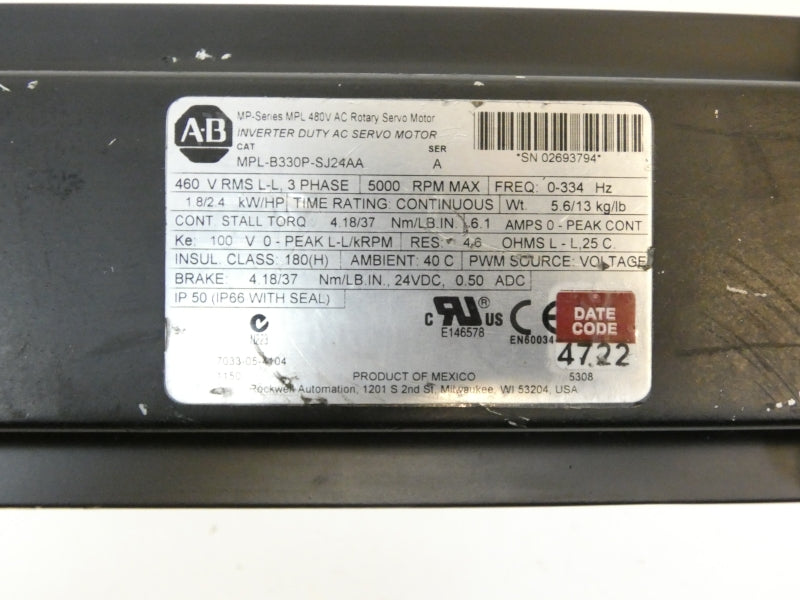 ALLEN BRADLEY MPL-B330P-SJ24AA SER. A 460V 6.1A UNMP
