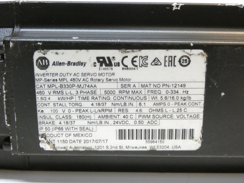 ALLEN BRADLEY MPL-B330P-MJ74AA SER. A 460V 6.1A UNMP