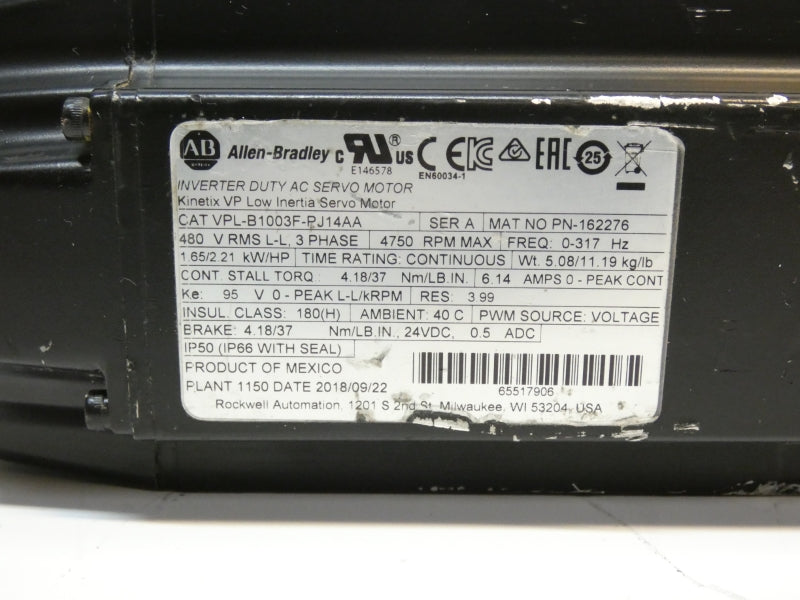 ALLEN BRADLEY VPL-B1003F-PJ14AA SER. A 480V 6.14A UNMP