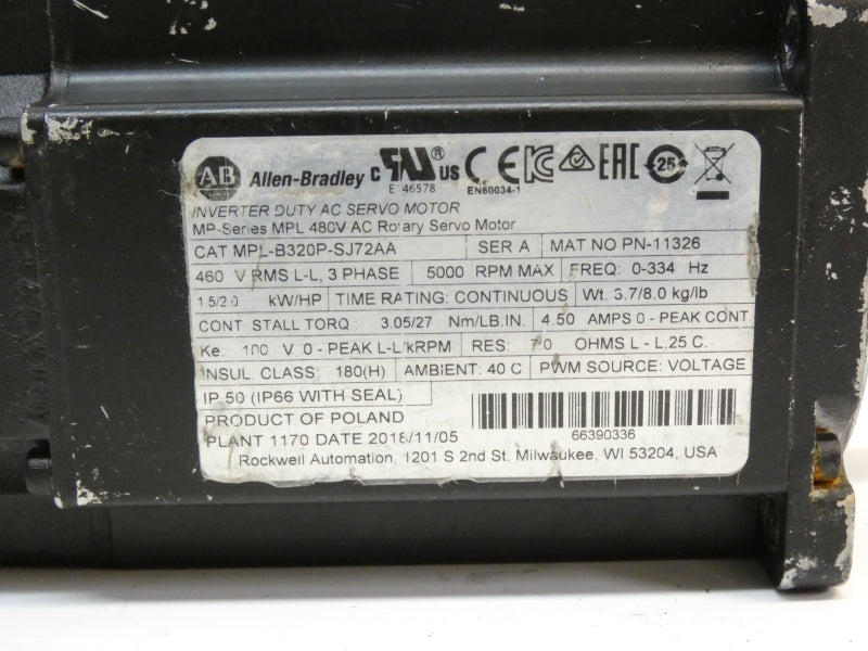 ALLEN BRADLEY MPL-B320P-SJ72AA SER. A 460V 4.5A UNMP