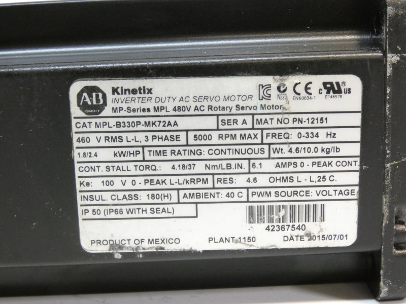 ALLEN BRADLEY MPL-B330P-MK72AA SER. A 460V 6.1A UNMP