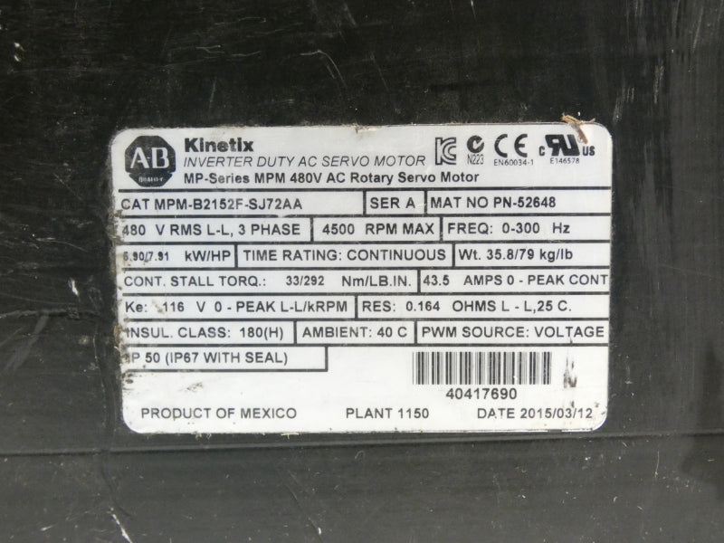 ALLEN BRADLEY MPM-B2152F-SJ72AA SER. A 480VAC 43.5A NSNP