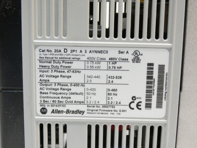 ALLEN BRADLEY 20AD2P1A3AYNNEC0 SER. A F/W 5.001 480VAC 2.1A NSMP