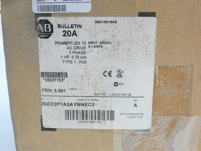ALLEN BRADLEY 20AD2P1A3AYNNEC0 SER. A F/W 5.001 480VAC 2.1A NSMP