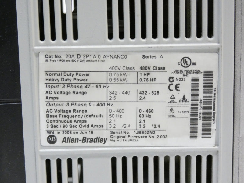 ALLEN BRADLEY 20AD2P1A0AYNANC0 SER. A F/W 2.003 432-528VAC 2.4A NSMP