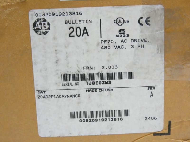 ALLEN BRADLEY 20AD2P1A0AYNANC0 SER. A F/W 2.003 432-528VAC 2.4A NSMP
