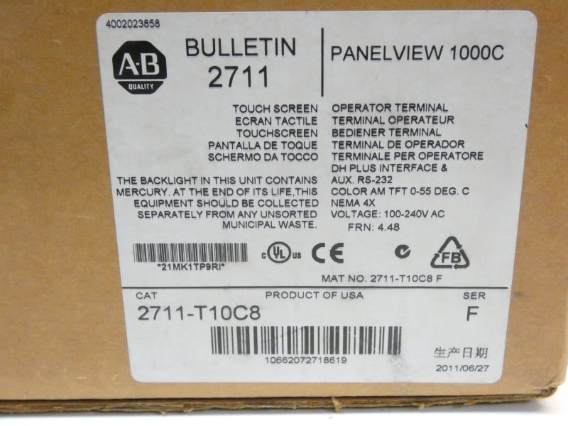 ALLEN BRADLEY 2711-T10C8 SER. F F/W 4.48 100-240VAC 0.4-0.25A NSMP