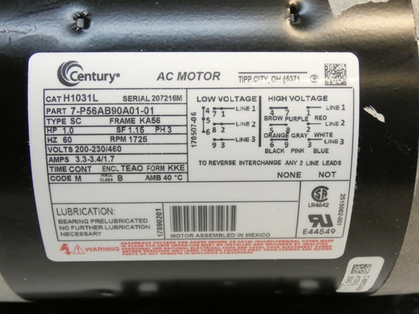 CENTURY H1031L 7-P56AB90A01-01 200-230/460V 3.3-3.4/1.7A NSMP