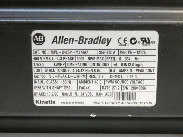 ALLEN BRADLEY MPL-B420P-MJ74AA SER. A 460V 6.4A UNMP