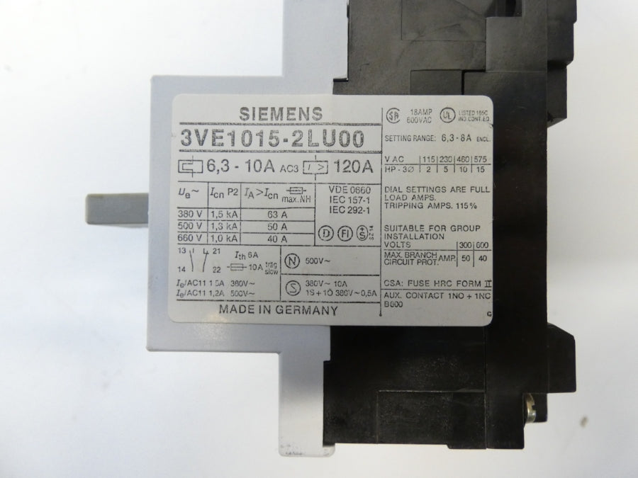 SIEMENS 3VE1015-2LU00 660V 6.3-10A NSNP