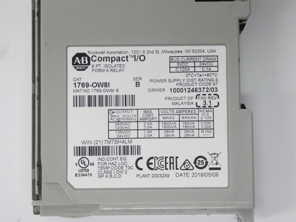 ALLEN BRADLEY 1769-OW8I SER. B F/W 3.1 VER. 03 24VDC 2.5A UNMP