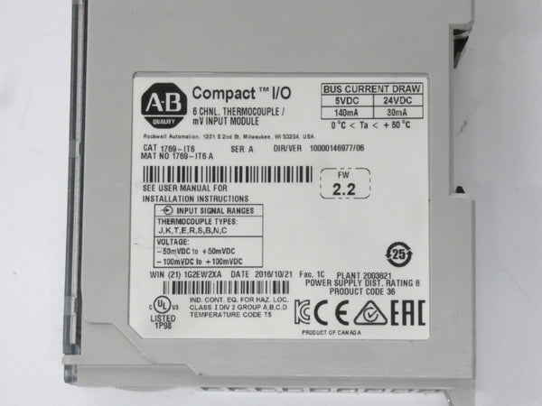 ALLEN BRADLEY 1769-IT6 SER. A F/W 2.2 VER. 06 24VDC UNMP