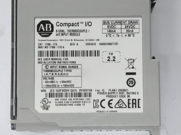 ALLEN BRADLEY 1769-IT6 SER. A F/W 2.2 VER. 07 24VDC NSNP