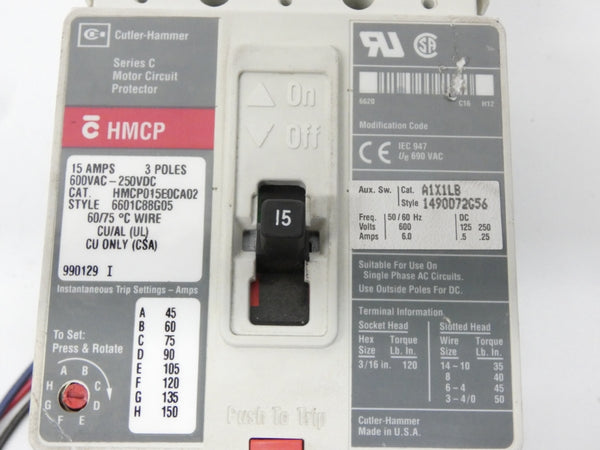 CUTLER-HAMMER HMCP015E0CA02 6601C88G05 SER. C 600VAC 15A UNMP
