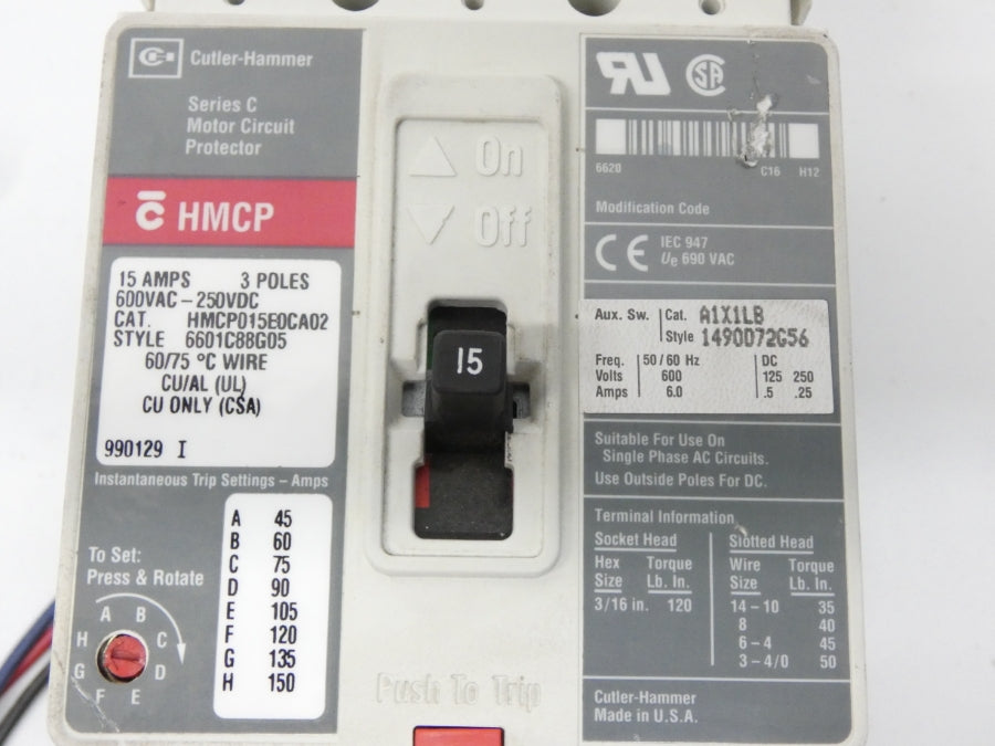 CUTLER-HAMMER HMCP015E0CA02 6601C88G05 SER. C 600VAC 15A UNMP