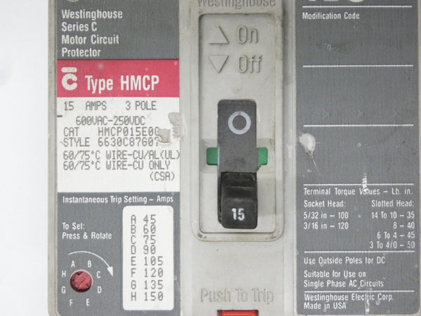 WESTINGHOUSE HMCP015E0C 6630C87G07 SER. C 600VAC 15A UNMP