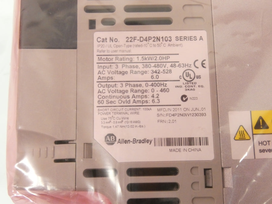 ALLEN BRADLEY 22F-D4P2N103 SER. A F/W 2.01 342-528V 6A NSMP