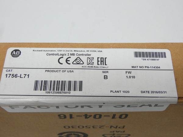 ALLEN BRADLEY 1756-L71 SER. B F/W 1.010 DATE: 2016 NSFS