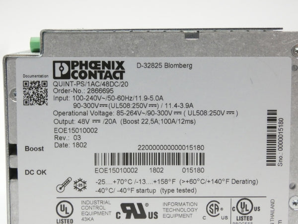 PHOENIX CONTACT QUINT-PS/1AC/48DC/20 2866695 100-240V 5.0-11.9A NSNP