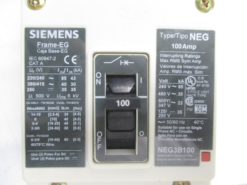 SIEMENS NEG3B100L 480V 100A NSMP