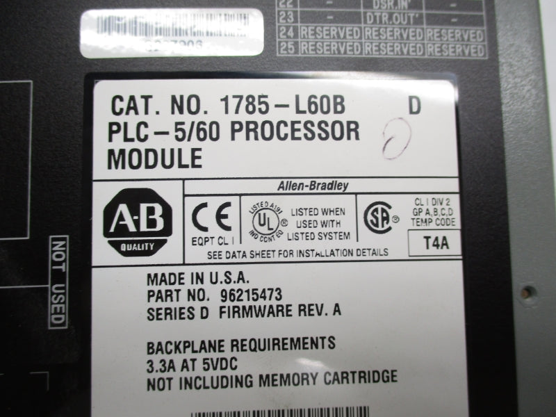 ALLEN BRADLEY 1785-L60B SER. D F/W. A 5VDC 3.3A (NO KEY) UNMP