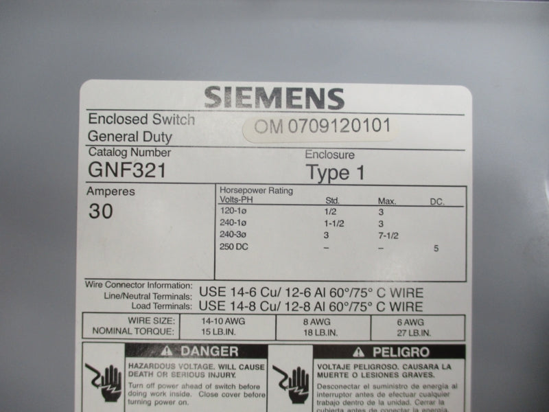 SIEMENS GNF321 240VAC 30A NSNP