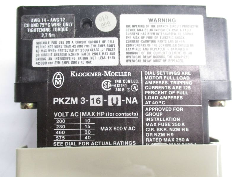 KLOCKNER MOELLER PKZM3-16-U-NA 600VAC 8.8-15A NSMP