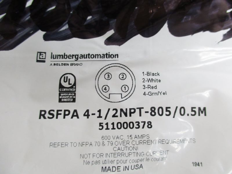 BELDEN LUMBERG AUTOMATION 511000378 RSFPA4-1/2NPT-805/0.5M 600VAC 15A NSMP