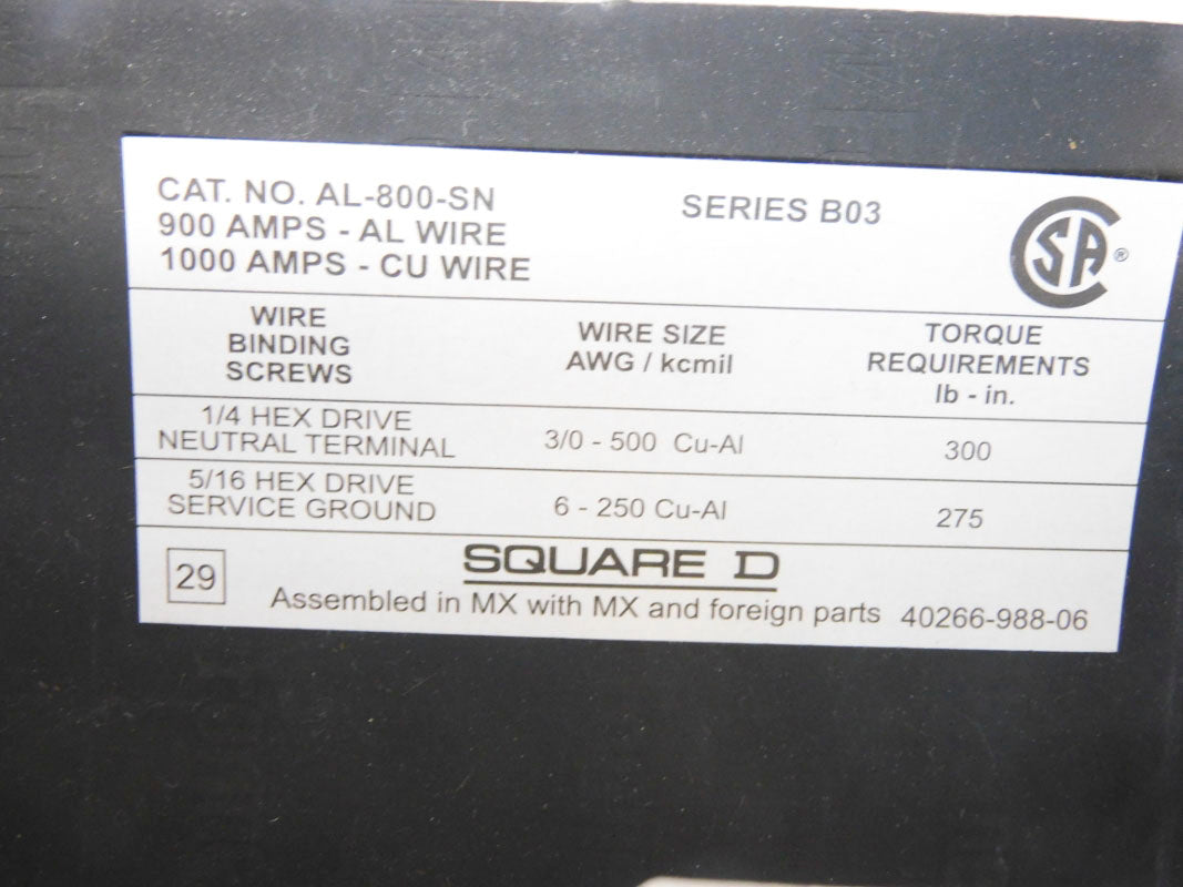 SQUARE D AL800SN SER. B03 277/480VAC 900A NSMP