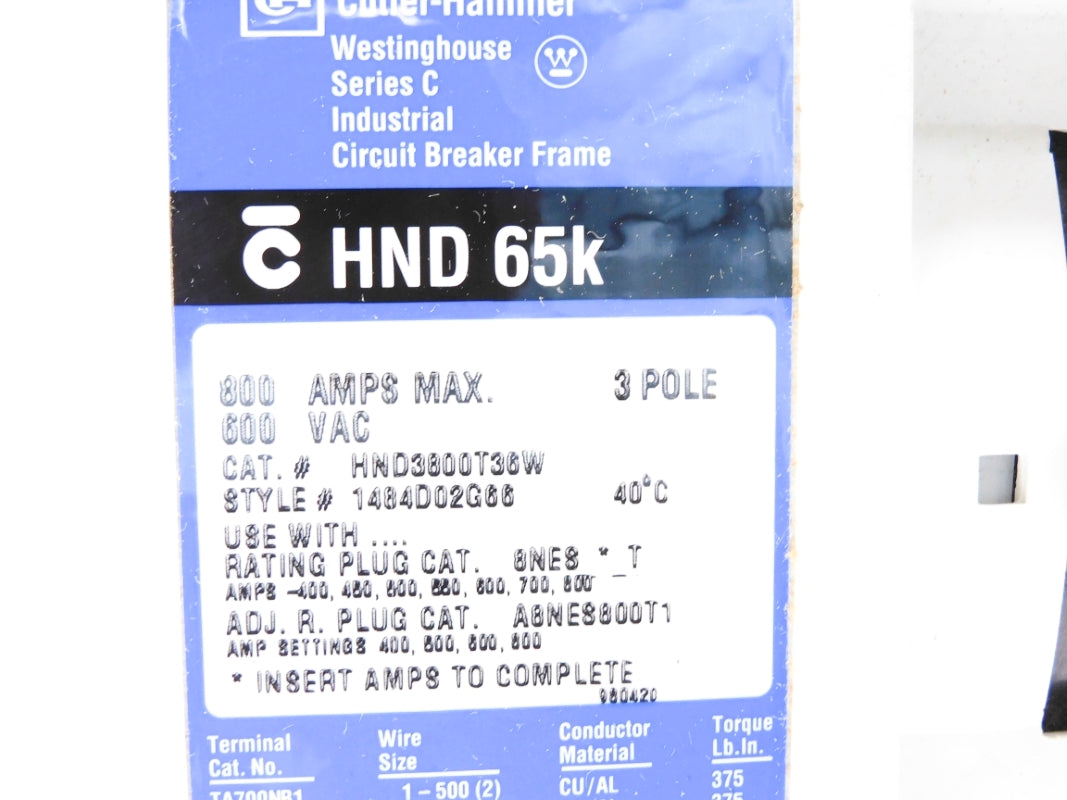 CUTLER HAMMER HND3800T36W SER. C 600VAC 600A NSMP