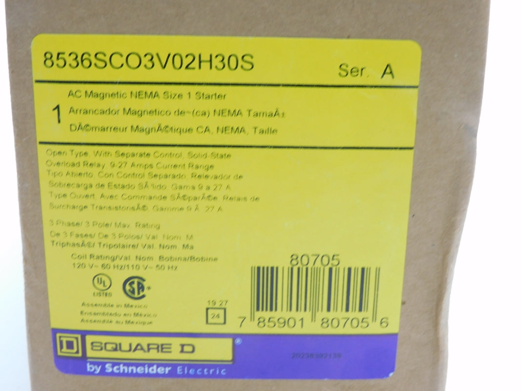 SQUARE D 8536SCO3V02H30S SER. A 110/120V 9-27A NSMP