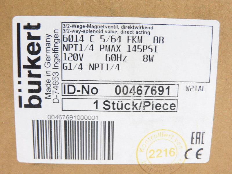 BURKERT 6014C-5/64-FKMBR 00467691 120V 145PSI 1/4" NSMP