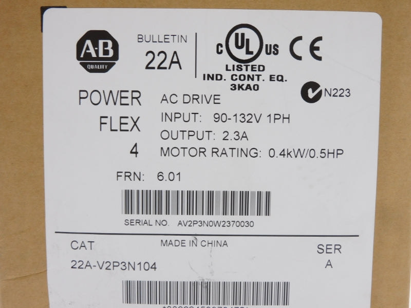 ALLEN BRADLEY 22A-V2P3N104 SER. A 90-132V 9.0A F/W 6.01 NSMP