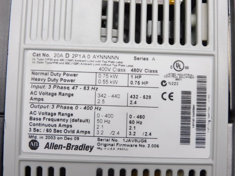 ALLEN BRADLEY 20AD2P1A0AYNNNNN SER. A 432-528VAC 2.5A F/W 2.006 NUPI