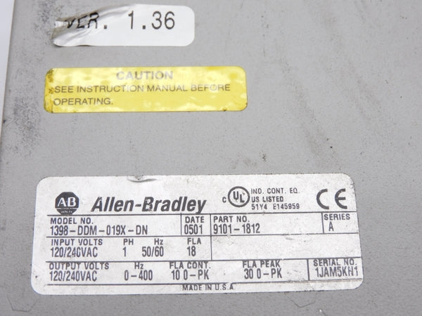 ALLEN BRADLEY 1398-DDM-019X-DN SER. A F/W 1.36 120/240VAC (AS PICTURED) UNMP