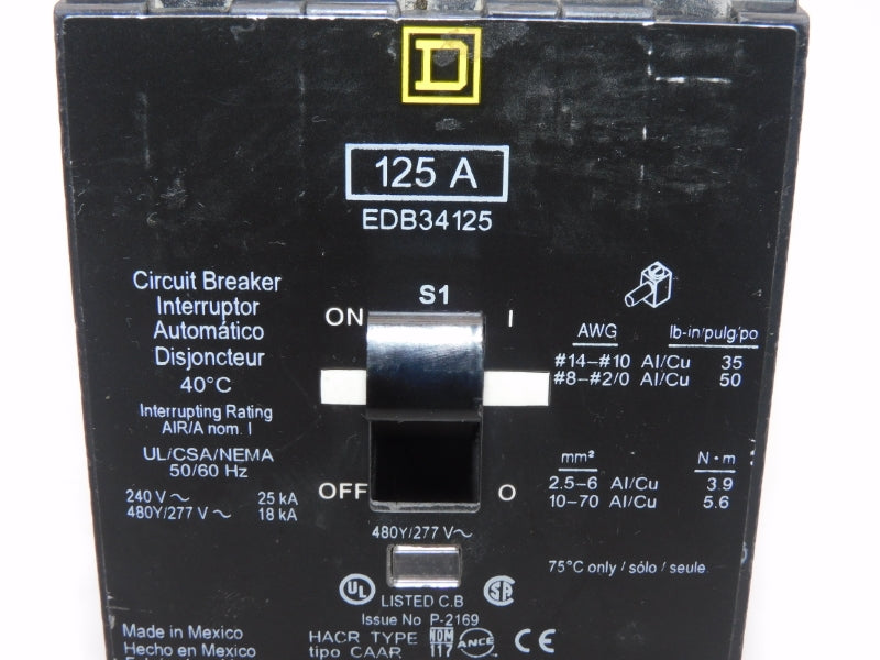 SQUARE D EDB34125 277V 125A UNMP